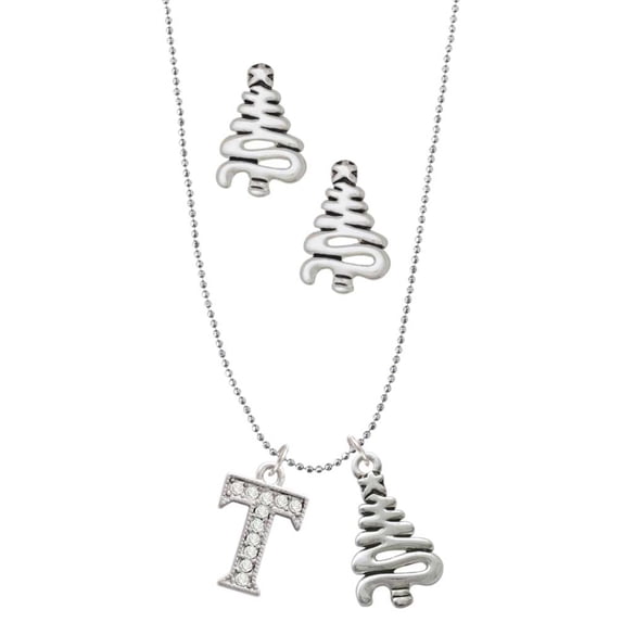 Delight Jewelry Silvertone Crystal Initial - T - Silver tone Zig Zag Christmas Tree Charm Necklace and Stud Earrings