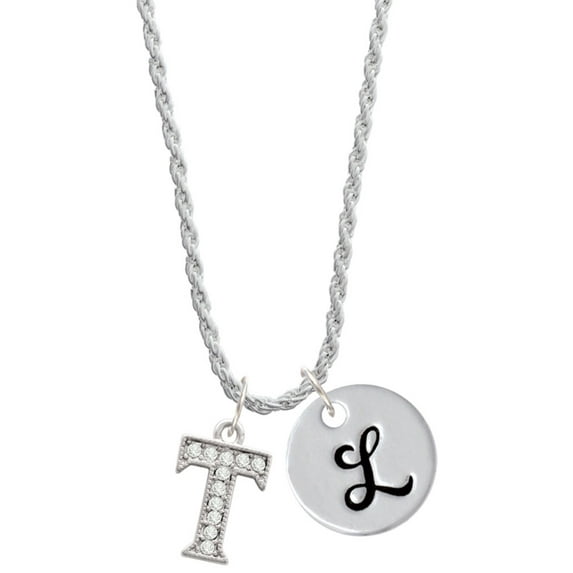 Delight Jewelry Silvertone Crystal Initial - T - Silvertone Script Initial Disc - L - Charm Necklace, 20"+3"