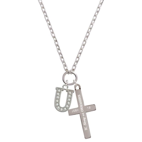 Delight Jewelry Silvertone Crystal Initial - U - Be Strong and Courageous Engraved Cross Zoey Necklace, 28"