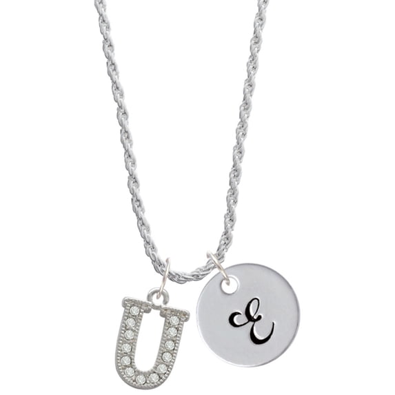 Delight Jewelry Silvertone Crystal Initial - U - Silvertone Script Initial Disc - E - Charm Necklace, 20"+3"