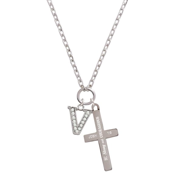 Delight Jewelry Silvertone Crystal Initial - V - Be Strong and Courageous Engraved Cross Zoey Necklace, 28"