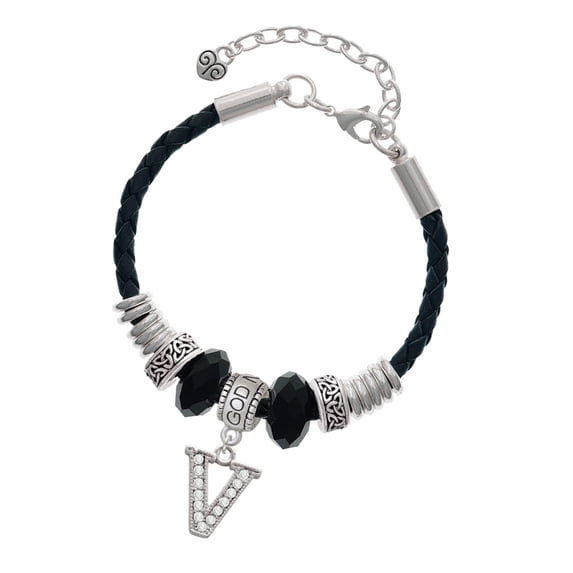Delight Jewelry Silvertone Crystal Initial - V - Godmother Celtic Knot Leather Bead Bracelet, 7"+2" Extender