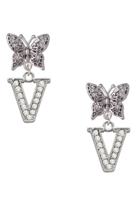Silvertone Crystal Initial - V - Silvertone Antiqued Butterfly Post Earrings