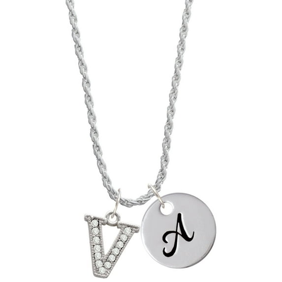 Delight Jewelry Silvertone Crystal Initial - V - Silvertone Script Initial Disc - A - Charm Necklace, 20"+3"