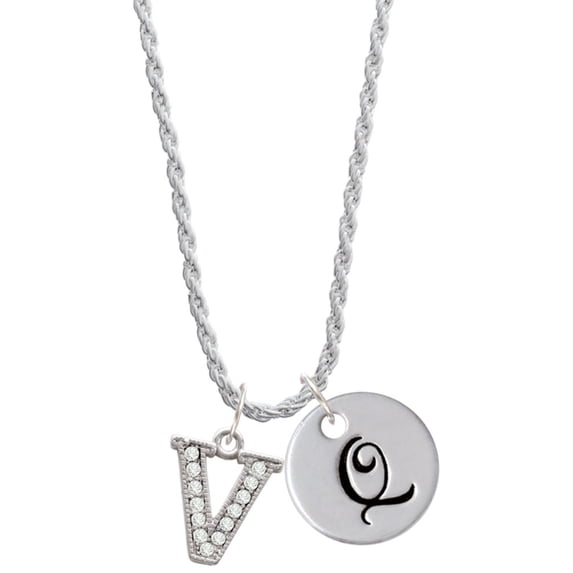 Delight Jewelry Silvertone Crystal Initial - V - Silvertone Script Initial Disc - Q - Charm Necklace, 20"+3"