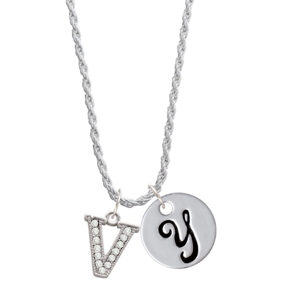 Delight Jewelry Silvertone Crystal Initial - V - Silvertone Script Initial Disc - Y - Charm Necklace, 20"+3"
