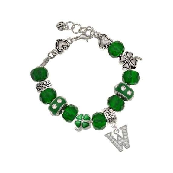 Delight Jewelry Silvertone Crystal Initial - W - Green Irish Luck Bead Charm Bracelet, 7.5"
