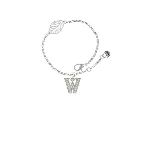 Delight Jewelry Silvertone Crystal Initial - W - - Silvertone Leaf Delicate Bracelet, 6.25+1.75"