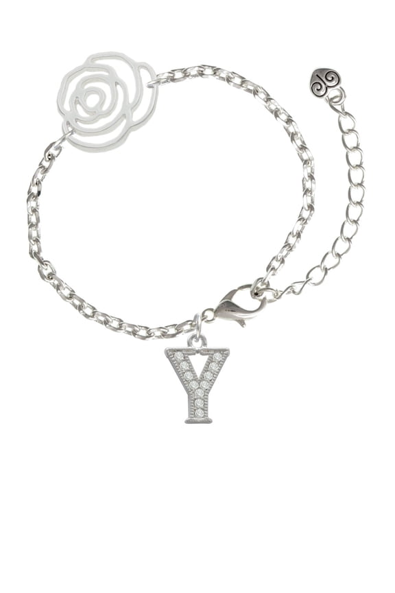 Silvertone Crystal Initial - Y - Silver-tone Flower Link Chain Bracelet, 6.75"+2" Extender