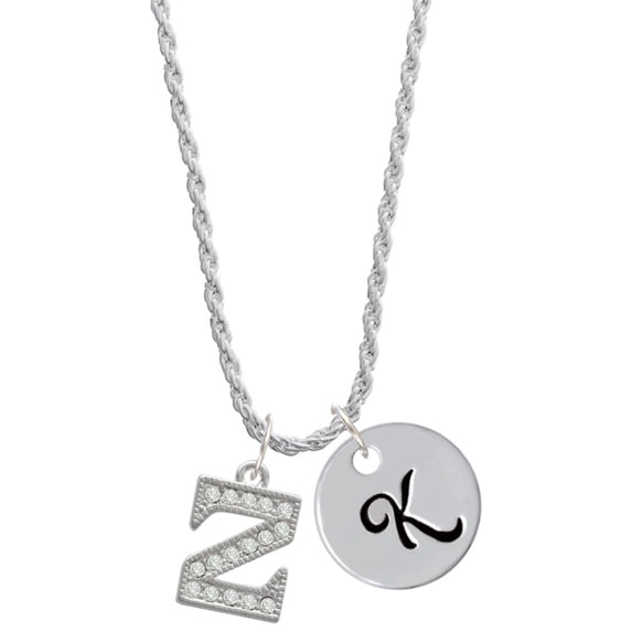 Delight Jewelry Silvertone Crystal Initial - Z - Silvertone Script Initial Disc - K - Charm Necklace, 20"+3"