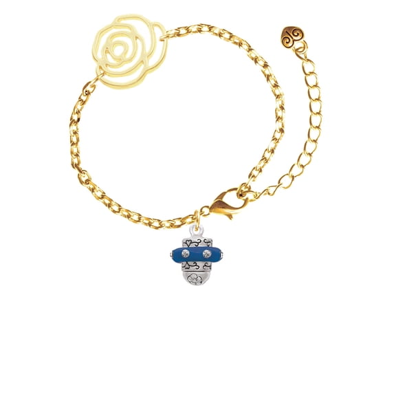 Delight Jewelry Silvertone Crystal Navy Blue Spinner Gold-tone Flower Link Chain Bracelet, 6.75"+2" Extender
