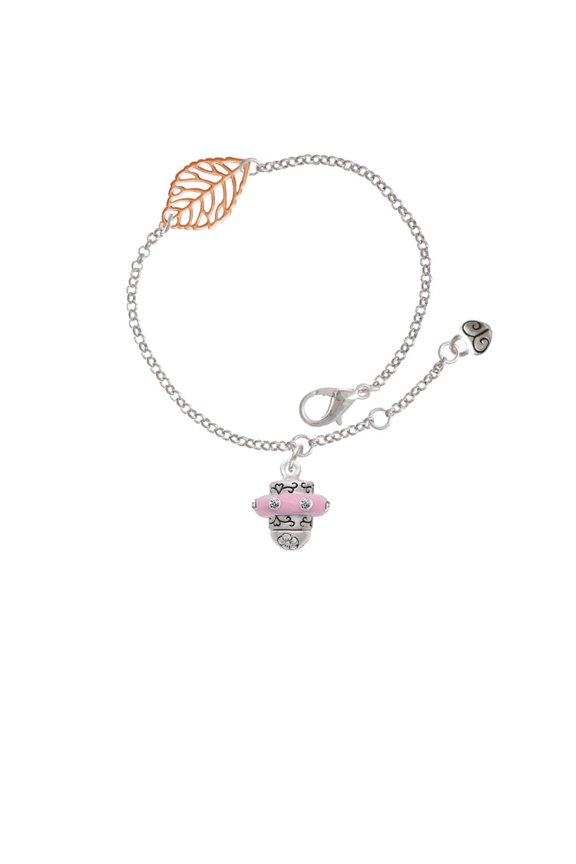 Silvertone Crystal Pink Spinner - Rose Goldtone Leaf Delicate Bracelet, 6.25+1.75"
