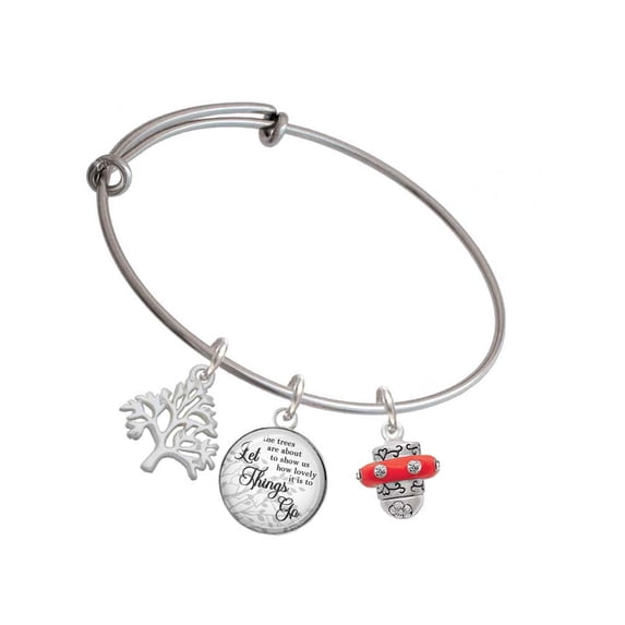 Delight Jewelry Silvertone Crystal Red Spinner Silvertone Let Things Go Tree Charm Bangle Bracelet