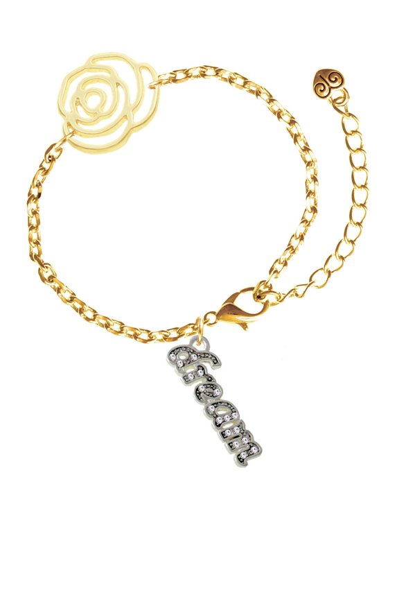 Silvertone Crystal Script ''Dream'' Gold-tone Flower Link Chain Bracelet, 6.75"+2" Extender