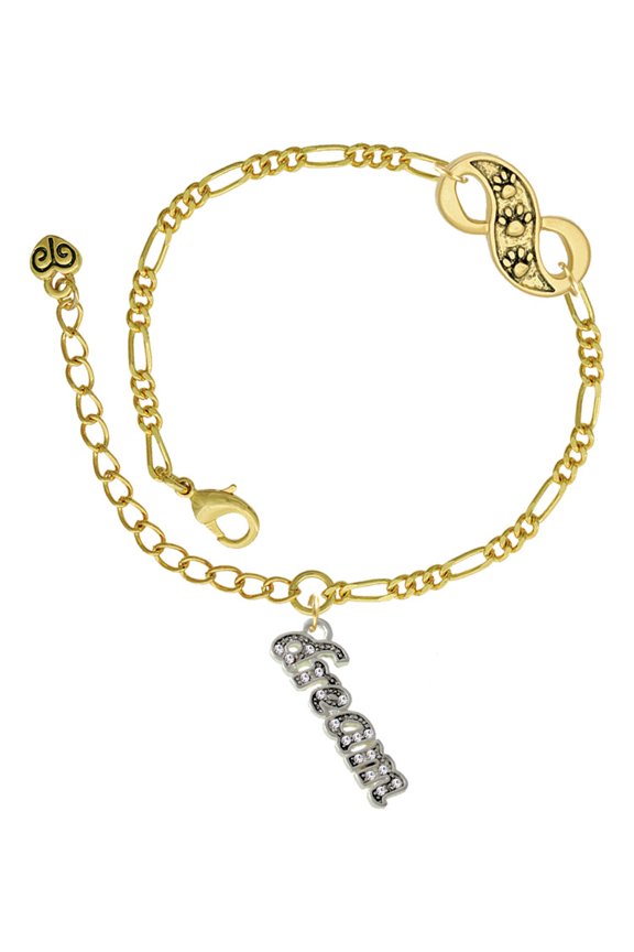 Silvertone Crystal Script ''Dream'' Gold-tone Paw Infinity Link Chain Bracelet, 6"+2" Extender