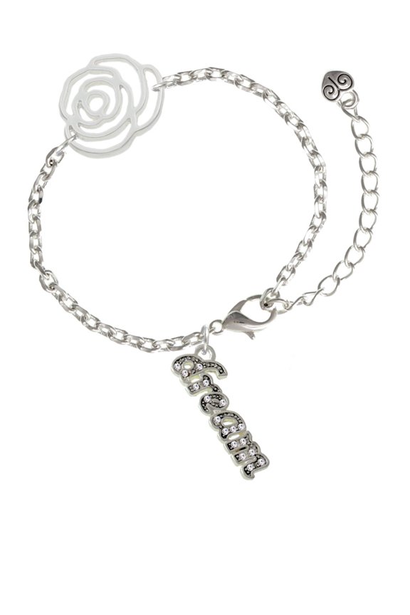 Silvertone Crystal Script ''Dream'' Silver-tone Flower Link Chain Bracelet, 6.75"+2" Extender