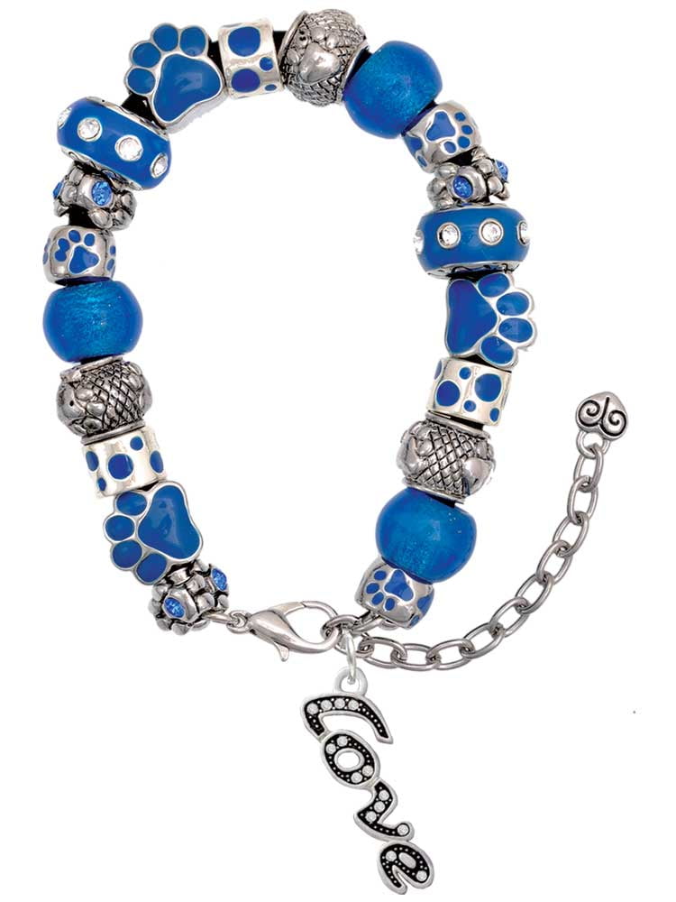 Delight Jewelry Silvertone Crystal Script ''Love'' Blue Paw Print Bead ...