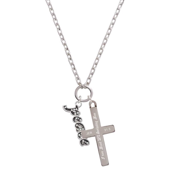 Delight Jewelry Silvertone Crystal Script ''Peace'' Everlasting Love Engraved Cross Zoey Necklace, 28"
