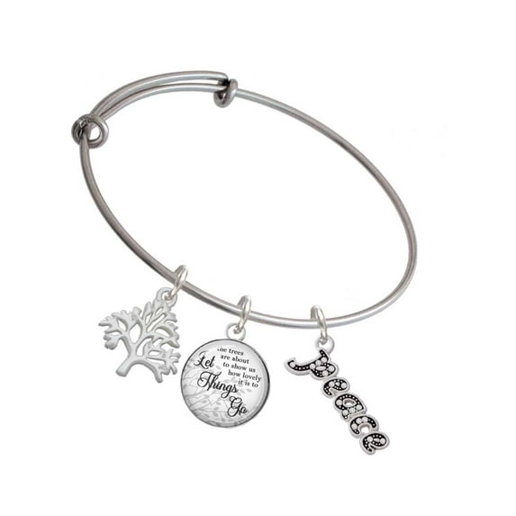 Delight Jewelry Silvertone Crystal Script ''Peace'' Silvertone Let Things Go Tree Charm Bangle Bracelet