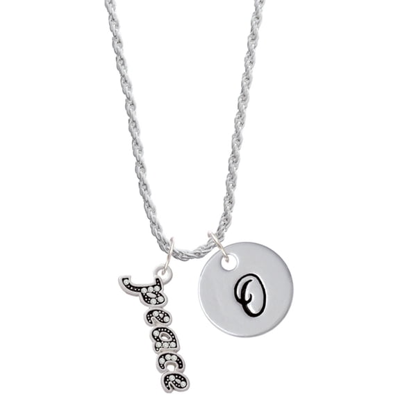 Delight Jewelry Silvertone Crystal Script ''Peace'' Silvertone Script Initial Disc - O - Charm Necklace, 20"+3"