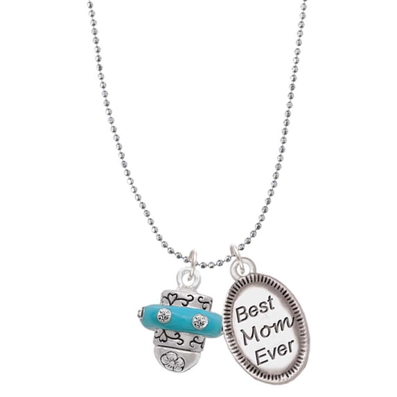 Delight Jewelry Silvertone Crystal Teal Spinner Best Mom Ever Charm Necklace