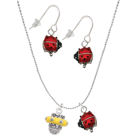 Delight Jewelry Silvertone Crystal Yellow Spinner Red Lucky Ladybug Necklace and Dangle Earrings Set