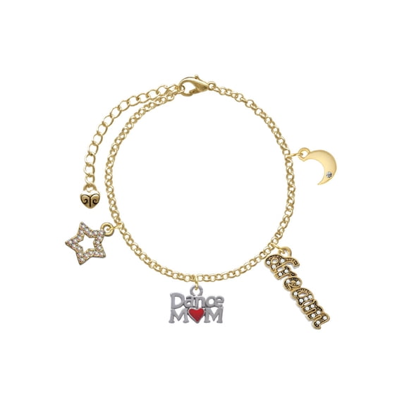 Delight Jewelry Silvertone Dance Mom with Red Heart Goldtone Dream Big Charm Bracelet, 7.5+2" Extender