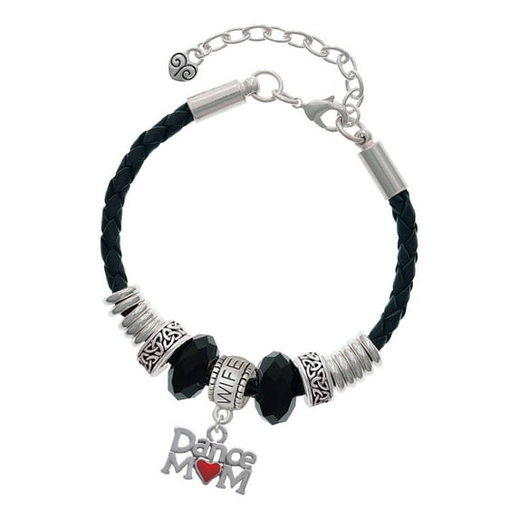 Delight Jewelry Silvertone Dance Mom with Red Heart Wife Celtic Knot Leather Bead Bracelet, 7"+2" Extender