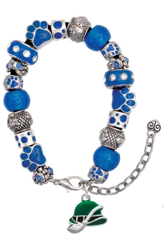 Silvertone Derby Hat with Pipe Blue Paw Print Bead Bracelet, 7"+2"