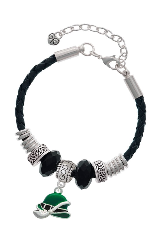 Silvertone Derby Hat with Pipe Godmother Celtic Knot Leather Bead Bracelet, 7"+2" Extender