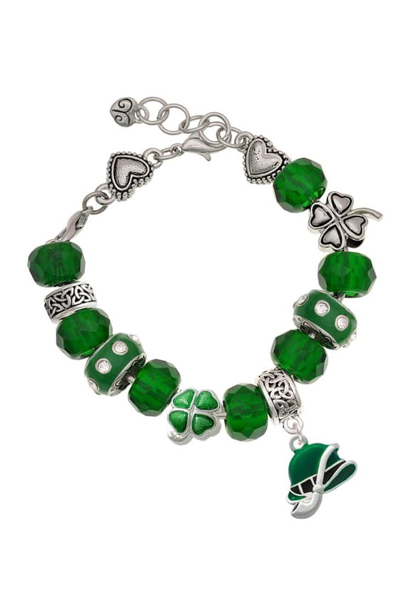 Silvertone Derby Hat with Pipe - Green Irish Luck Bead Charm Bracelet, 7.5"