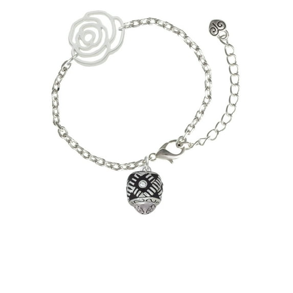 Delight Jewelry Silvertone Diagonal Banded Barrel with Clear Crystals Spinner Silver-tone Flower Link Chain Bracelet, 6.75"+2" Extender