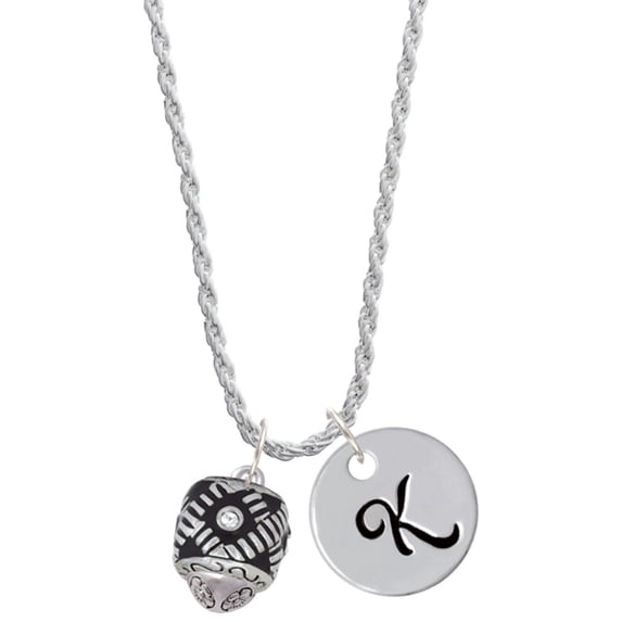 Delight Jewelry Silvertone Diagonal Banded Barrel with Clear Crystals Spinner Silvertone Script Initial Disc - K - Charm Necklace, 20"+3"