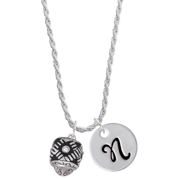Delight Jewelry Silvertone Diagonal Banded Barrel with Clear Crystals Spinner Silvertone Script Initial Disc - N - Charm Necklace, 20"+3"