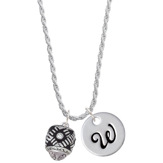 Delight Jewelry Silvertone Diagonal Banded Barrel with Clear Crystals Spinner Silvertone Script Initial Disc - W - Charm Necklace, 20"+3"