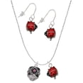 thumbnail image 1 of Delight Jewelry Silvertone Diagonal Banded Barrel with Hot Pink Crystals Spinner Red Lucky Ladybug Necklace and Dangle Earrings Set, 1 of 6