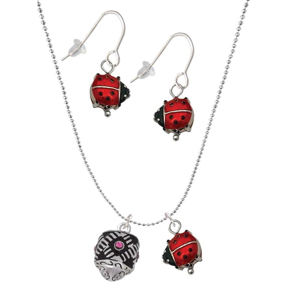 Delight Jewelry Silvertone Diagonal Banded Barrel with Hot Pink Crystals Spinner Red Lucky Ladybug Necklace and Dangle Earrings Set