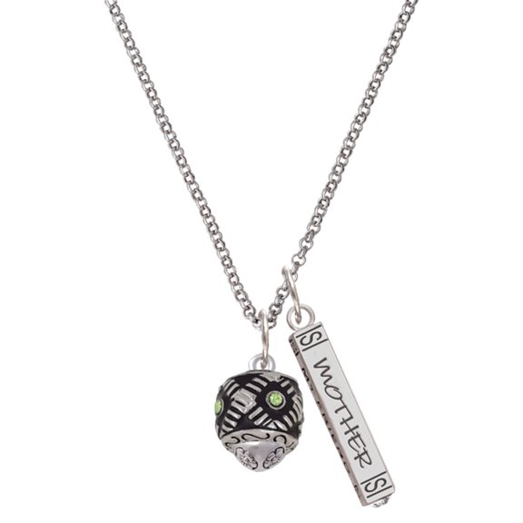 Delight Jewelry Silvertone Diagonal Banded Barrel with Lime Green Crystals Spinner Silvertone Mother Daughter Bar Charm Necklace, 23"