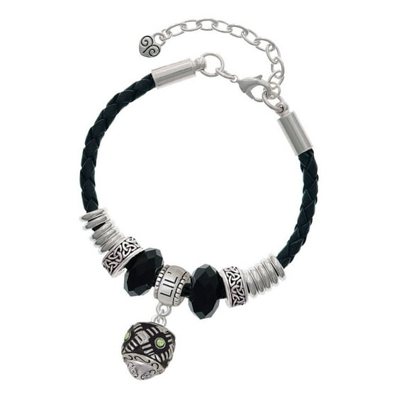 Delight Jewelry Silvertone Diagonal Banded Barrel with Lime Green Crystals Spinner Sister Celtic Knot Leather Bead Bracelet, 7"+2" Extender