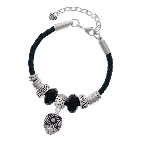 Delight Jewelry Silvertone Diagonal Banded Barrel with Pink Crystals Spinner Middle Sister Celtic Knot Leather Bead Bracelet, 7"+2" Extender