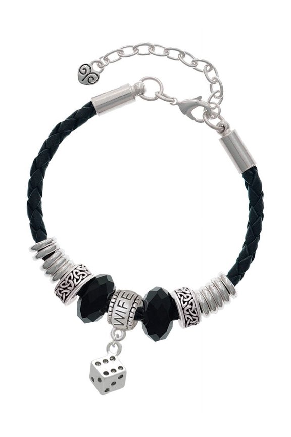 Silvertone Dice Wife Celtic Knot Leather Bead Bracelet, 7"+2" Extender