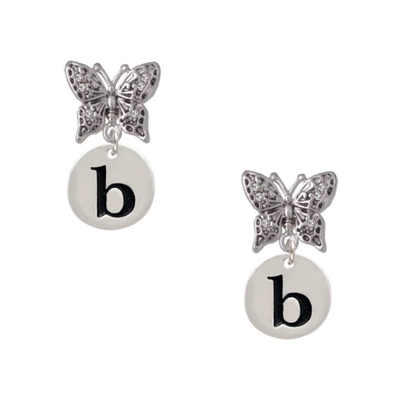 Delight Jewelry Silvertone Disc 1/2'' Initial - b - Silvertone Antiqued Butterfly Post Earrings