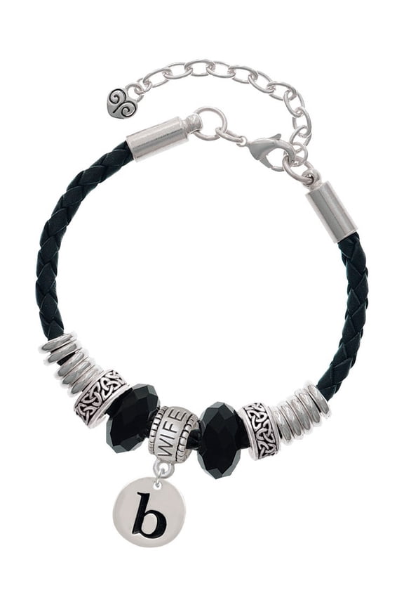 Silvertone Disc 1/2'' Initial - b - Wife Celtic Knot Leather Bead Bracelet, 7"+2" Extender
