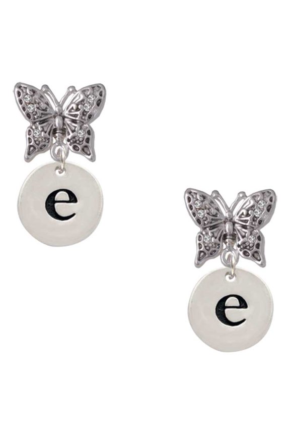 Silvertone Disc 1/2'' Initial - e - Silvertone Antiqued Butterfly Post Earrings