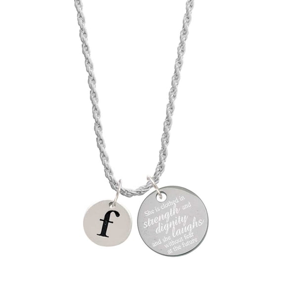 Delight Jewelry Silvertone Disc 1/2'' Initial - f - She is Clothed in Stength and Dignity Charm Necklace, 20"+3"