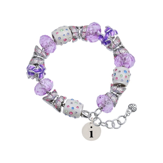 Delight Jewelry Silvertone Disc 1/2'' Initial - i - Purple Butterfly Bead Charm Bracelet, 7"+1" Extender