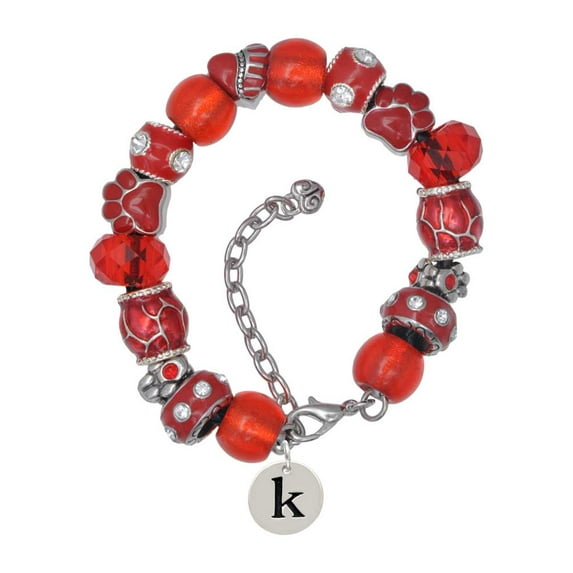 Delight Jewelry Silvertone Disc 1/2'' Initial - k - Red Paw Print Bead Bracelet, 7"+2"