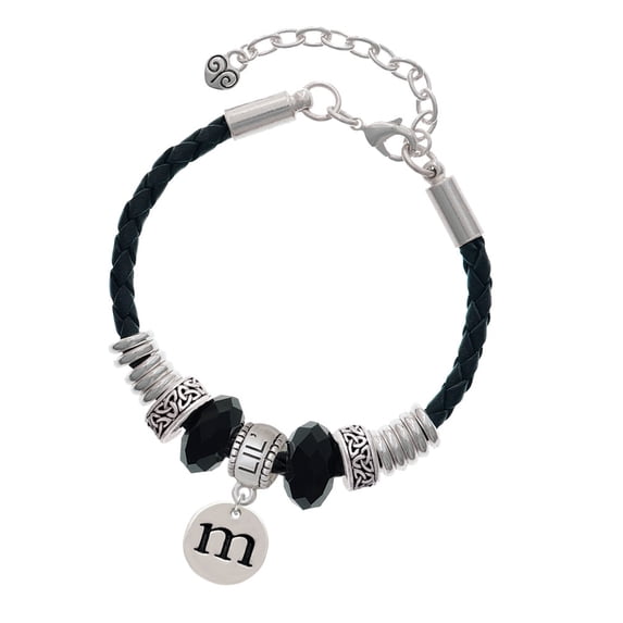 Delight Jewelry Silvertone Disc 1/2'' Initial - m - Lil Sister Celtic Knot Leather Bead Bracelet, 7"+2" Extender