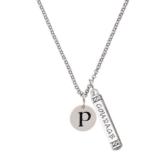 Delight Jewelry Silvertone Disc 1/2'' Initial - p - Silvertone Courage Strength Wisdom Honesty Bar Charm Necklace, 23"