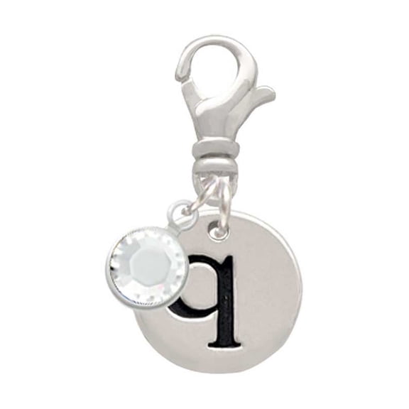 Delight Jewelry Silvertone Disc 1/2'' Initial - q - - Silvertone Clip on Charm with Clear Crystal Drop